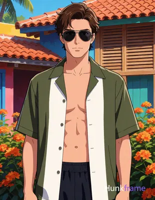 Polished anime 2.5D next-gen game art of an adult Caucasian man with fair to lig