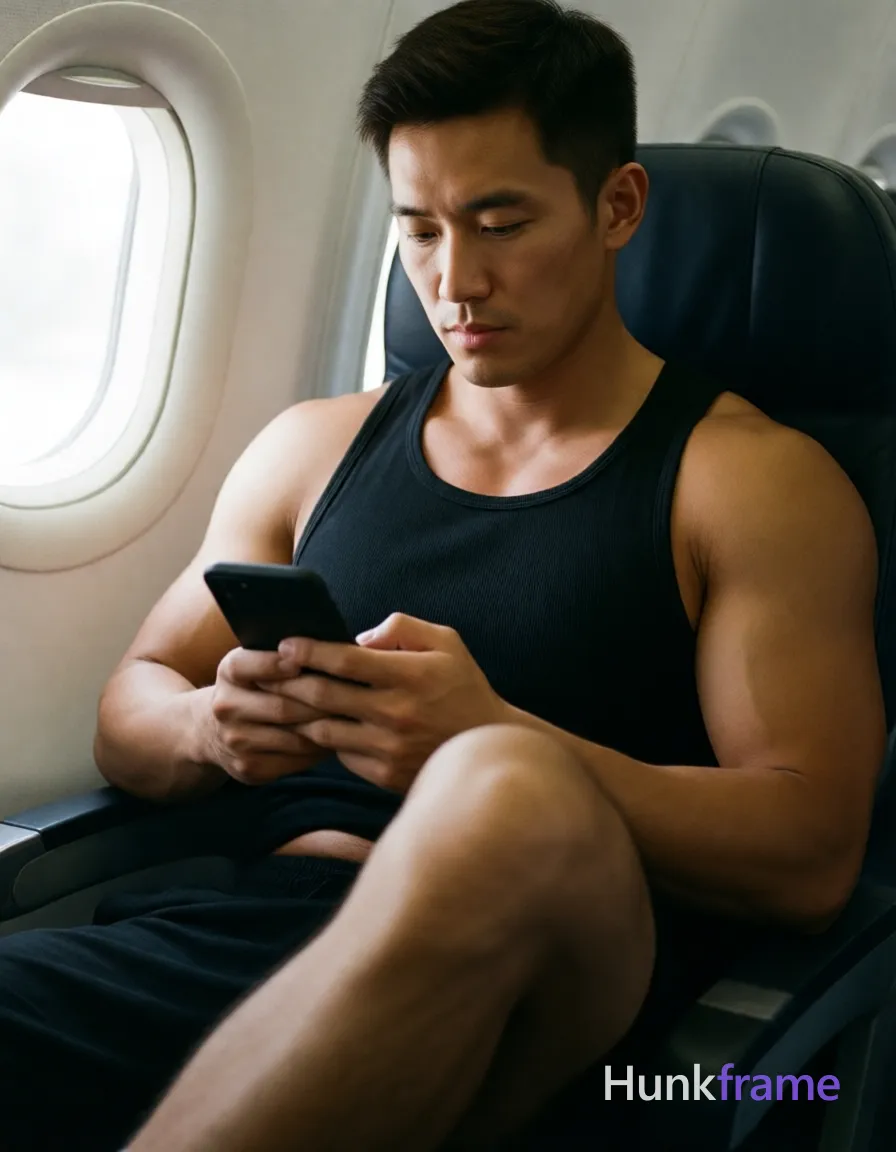 Asian man with light to medium tan skin and short dark brown hair, clean-shaven face, seated in airplane cabin; Wearing black sleeveless tank top covering upper torso; right leg bent upward exposing thick thighs and knee area, lower abdomen partially visible above waistband; Holding black smartphone with both hands against thigh, thumbs scrolling; Muscular build with defined biceps and shoulders; Soft ambient cabin lighting mixed with natural daylight from oval window illuminating left side of face and leg; Shallow depth of field focusing on subject occupying right two-thirds of frame; Premium fashion-editorial aesthetic with dramatic yet natural lighting, clean composition, homoerotic undertone conveyed via exposed skin texture; single clean uninterrupted photograph with a cohesive editorial composition and plain continuous surrounding surfaces