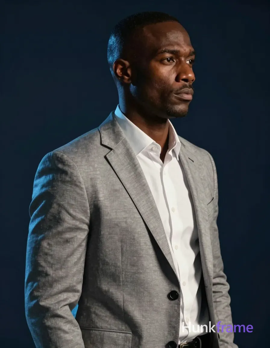 A handsome Black man in his 30s with a short buzz cut and clean-shaven face stan