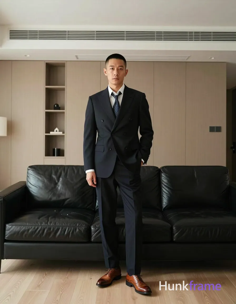 Asian man with short black buzz cut and clean-shaven face stands upright leaning against a black leather sofa, left hand in pants pocket right arm loose; He wears dark navy single-breasted suit jacket over white dress shirt with patterned necktie extending to waistline, matching trousers ending above ankle bone, brown lace-up oxford shoes showing slight wear on toe caps; Full-body shot head-to-toe centered vertically and horizontally occupying majority of vertical space from floor to ceiling line in modern living room featuring light wood flooring beige vertical-paneled walls built-in cabinetry with recessed shelving unit containing small decorative items black leather sectional sofa behind subject white ceiling with linear air vent and recessed lighting fixtures; Soft ambient indoor illumination creates even exposure across face and suit fabric without harsh shadows clean lines minimalist interior design aesthetic polished mood fine-art photography dramatic lighting sculpted pose homoerotic aesthetic premium fashion-editorial style; single clean uninterrupted photograph with a cohesive editorial composition and plain continuous surrounding surfaces