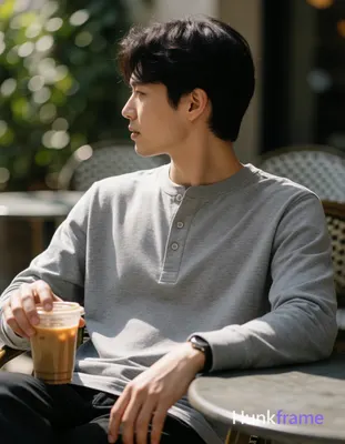 He wears a grey long-sleeve henley shirt with three-button placket, seated at outdoor café table ang