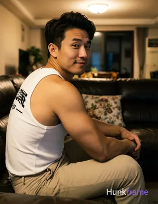 Asian man with light-medium skin, dark brown short hair styled with volume on top, clean-shaven face