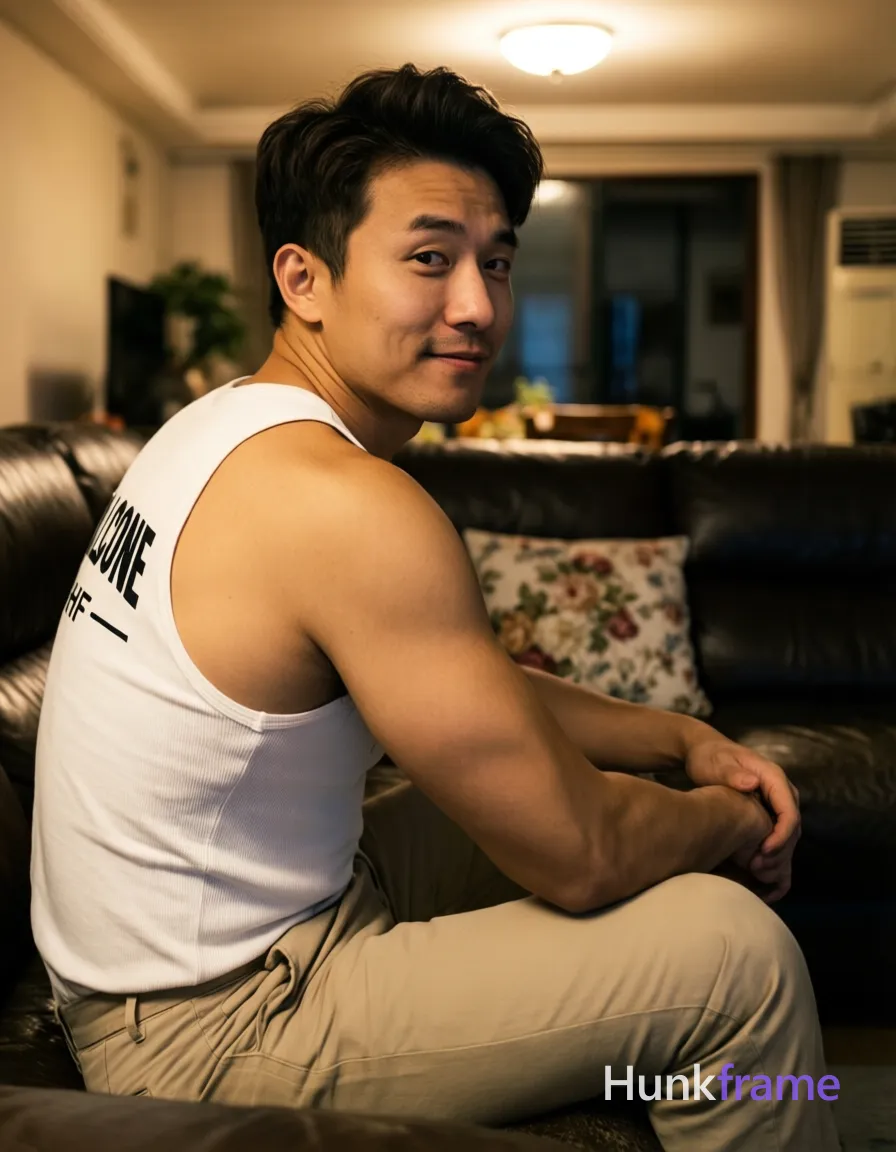 Asian man with light-medium skin, dark brown short hair styled with volume on top, clean-shaven face, neutral to slightly smiling expression looking over shoulder. Seated sideways on a dark leather sofa in an intimate indoor living room setting, torso angled toward camera with head turned back, arms crossed loosely in front of thighs, knees bent. Wearing white ribbed tank top with black text 'LCONE' and smaller line below on upper left back, light beige or khaki trousers showing broad shoulders, defined biceps and triceps, visible abdominal definition. Waist-up to mid-thighs crop, center-left foreground composition. Warm ambient indoor lighting from ceiling fixture creates soft directional fill highlighting face and shoulder against a softly blurred background with floral-patterned pillow. Shallow depth of field naturalistic photography mood. Include exactly one visible wordmark, spelled exactly "HF", as a small garment print; preserve its appropriate typography and scale. No other visible text, logo, caption, username, hashtag, comment, watermark, or UI chrome., a single uninterrupted photograph only, no written words or typography anywhere in frame, no captions, no app UI, no social-media post layout, no screenshot borders