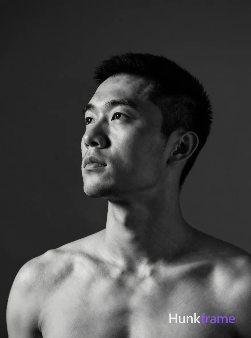 A handsome Asian man with a short black buzz cut and light stubble gazes upward in contemplation, head turned slightly left against a dark neutral studio background. He is shirtless, revealing a lean build with defined neck muscles and bare chest under dramatic chiaroscuro lighting from the right side. The composition captures an intimate close-up portrait of his upper torso to top of head in high-contrast black and white fine-art editorial style