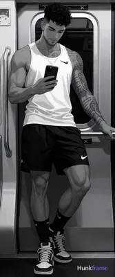 Polished anime 2.5D render of an Asian adult man in a subway car mirror selfie scene; He stands lean