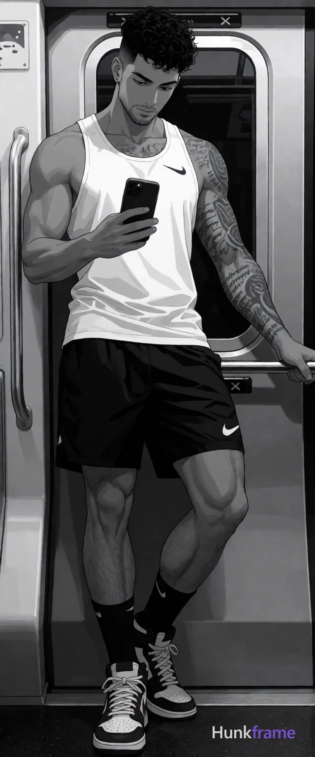 Polished anime 2.5D render of an Asian adult man in a subway car mirror selfie scene; He stands leaning against door frame, right hand holding black smartphone at chest level gazing downward, left arm extended gripping metallic grab bar above hip line; Wearing soaked white Nike tank top revealing sculpted six-pack abs and rib cage through wet fabric; entire left arm features dense script tattoos extending to spine area on upper back; Black athletic shorts with swoosh logo, mid-calf socks showing ankle bones, laced high-top sneakers; Short curly black hair with high fade, clean-shaven face beneath mask, focused downward expression; High-contrast lighting sharpens muscular definition and sweat-slicked skin texture in full-body vertical portrait, same aesthetic theme and photo feel as the reference but a different man in a different pose with distinct body proportions, Middle Eastern man, tan skin, dark beard shadow, muscular but natural proportions; single clean uninterrupted artwork with a cohesive composition and plain continuous surrounding surfaces