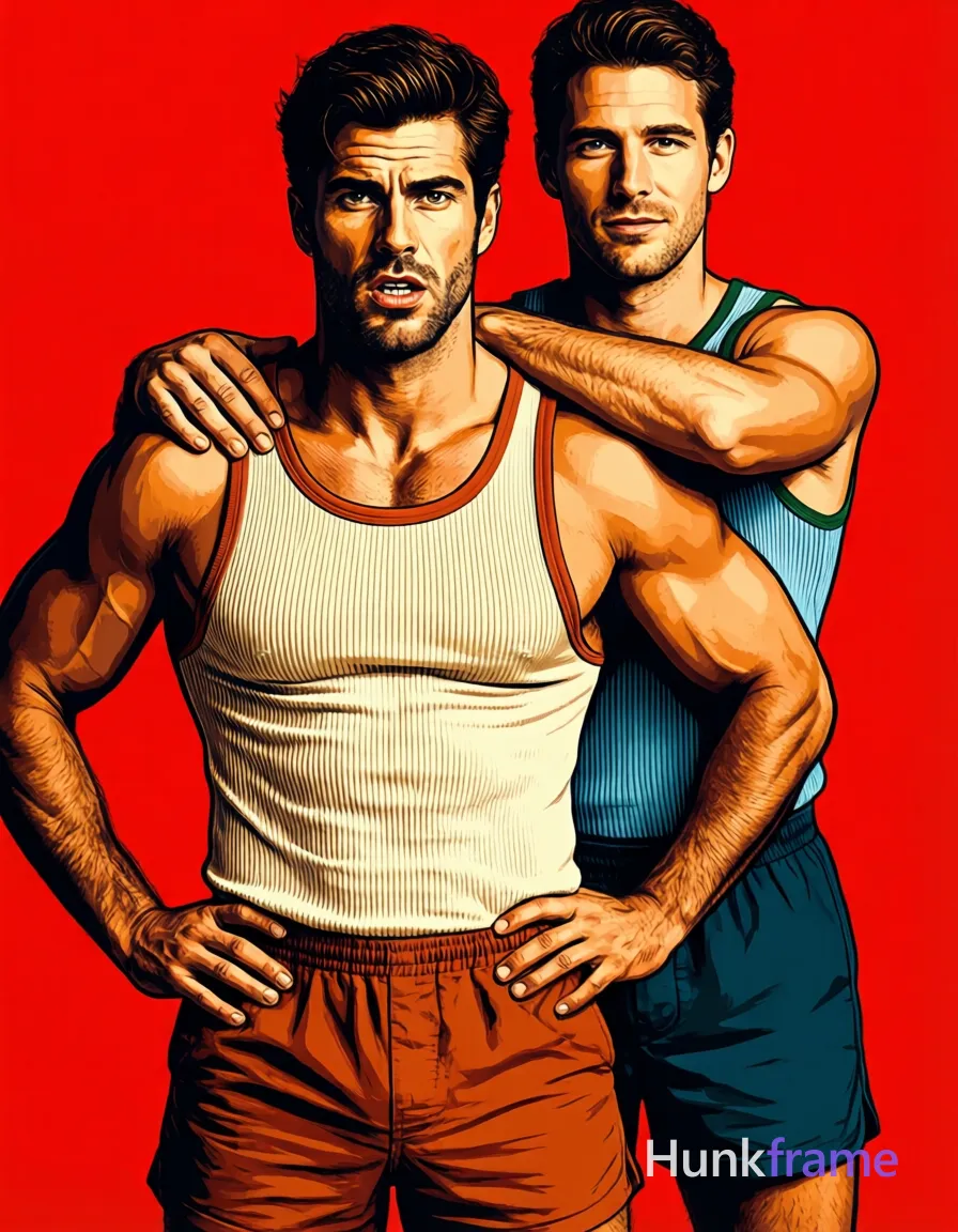 an anonymous figure men in bold flat-color poster graphic design style, foreground subject wears ribbed cream tank top with rust-orange trim and rust-orange high-waisted bottoms standing front-facing with hands on hips torso upright intense direct gaze mouth slightly open broad shoulders defined pectorals visible abdominal definition; second man stands behind wrapping arms around his shoulders wearing ribbed light-blue tank top with dark-green trim and dark teal navy shorts calm direct gaze lips closed. High-contrast color blocking clean vector line no text rich saturated colors against solid red background portrait vertical composition HUNKFRAME. Include exactly one visible wordmark, spelled exactly "HUNKFRAME", in the same compositional text position; preserve its appropriate typography and scale. No other visible text, logo, caption, username, hashtag, comment, watermark, or UI chrome., a single uninterrupted photograph only, no written words or typography anywhere in frame, no captions, no app UI, no social-media post layout, no screenshot borders