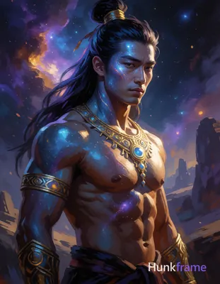 Asian man with blue-tinted cosmic skin and glowing highlights, long dark hair in