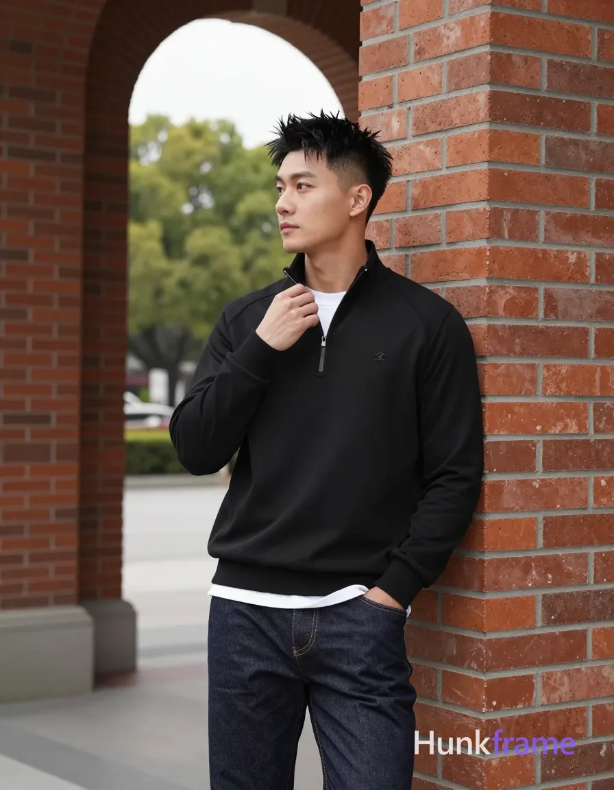 Asian man, light-medium skin, short textured black hair styled upward at the crown with tapered sides and slight flyaways, clean-shaven smooth chin; Standing upright leaning against a red brick pillar on his right side, left hand resting near hip pocket, right hand adjusting collar of black long-sleeve quarter-zip pullover with small embroidered logo on left chest; White crew-neck undershirt visible at neckline and hemline covering upper chest below neck but not the full torso; dark wash denim jeans with visible stitching along front seams from head to mid-thighs; Full-body shot vertical portrait orientation, center-left framed between brick pillar and open archway revealing green trees under overcast sky; Soft diffused daylight highlighting fabric texture and facial structure; Clean composition with strong architectural lines framing subject; XHS lifestyle aesthetic capturing candid iPhone rear-camera snapshot energy in a real outdoor urban setting; single clean uninterrupted photograph with a cohesive editorial composition and plain continuous surrounding surfaces