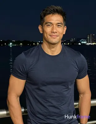 Asian man with athletic build and defined shoulders in a dark blue short-sleeve 