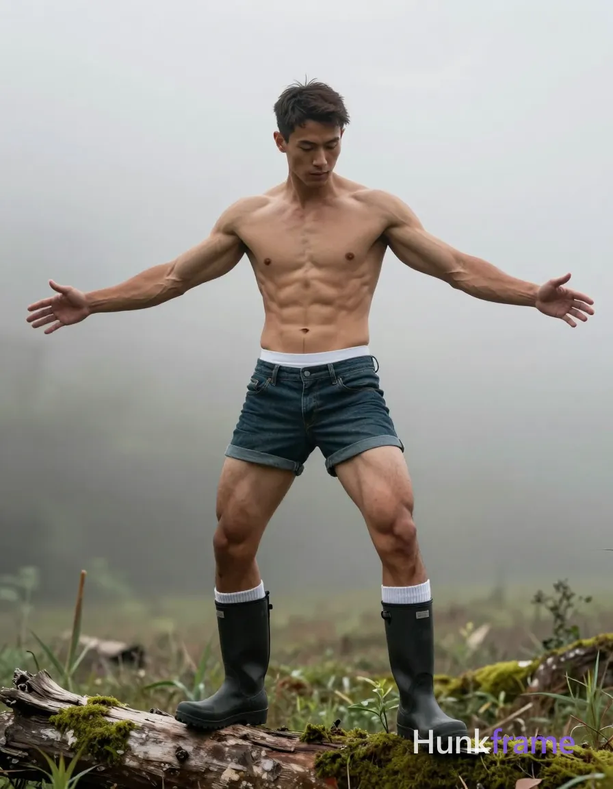 A confident Caucasian man with light medium tan skin stands shirtless on a mossy fallen forest log, balancing carefully with arms spread wide and torso slightly angled forward; He wears dark denim shorts revealing the white an anonymous figure waistband above, paired with black rubber boots and white crew socks; His short dark brown hair is tucked under a cap while he gazes downward with a relaxed mouth expression; The setting shifts to a misty dawn clearing where soft diffused light highlights his broad shoulders, defined pectorals, six-pack abs, and thick thighs in fine-art photography, same aesthetic theme and photo feel as the reference but a different man in a different pose with distinct body proportions, Chinese man, light tan skin, high cheekbones, lean wiry martial-arts physique; single clean uninterrupted photograph with a cohesive editorial composition and plain continuous surrounding surfaces