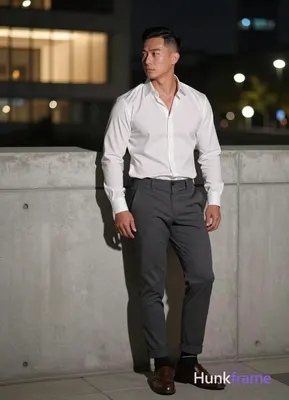Asian man with short black straight side-parted hair and clean-shaven face, standing casually leanin