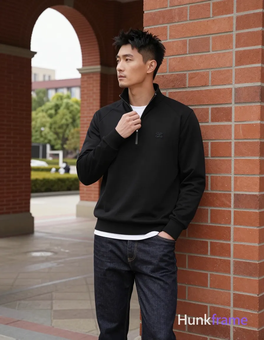 Asian man, light-medium skin, short textured black hair styled upward at the crown with tapered sides and slight flyaways, clean-shaven smooth chin; Standing upright leaning slightly against a red brick pillar on his right side, left hand resting near hip pocket, right hand adjusting collar of black long-sleeve quarter-zip pullover with small embroidered logo; White crew-neck undershirt visible at neckline and hemline covering upper chest below neck but leaving neck and collarbone area exposed above zipper line; Dark wash denim jeans with visible stitching along front seams; Full-body shot from head to mid-thighs, vertical portrait orientation 13:19 aspect ratio; Outdoor architectural space with open archway revealing green trees and distant buildings under overcast sky; Soft diffused daylight highlighting facial structure and fabric texture; Clean composition with strong architectural lines framing subject in center-left position between pillar and archway; Contemplative mood, casual elegance, urban sophistication, same aesthetic theme and photo feel as the reference but a different man in a different pose with distinct body proportions, Northern; single clean uninterrupted photograph with a cohesive editorial composition and plain continuous surrounding surfaces