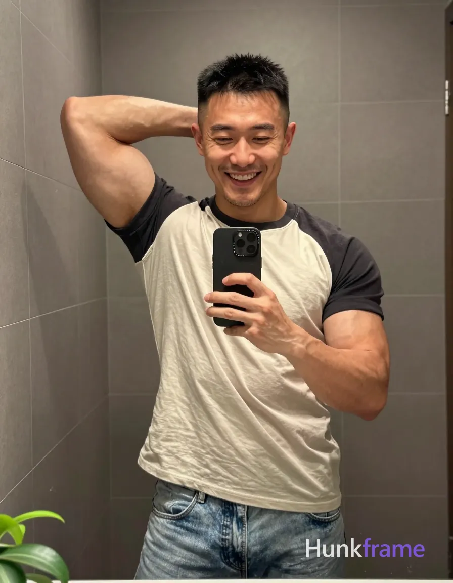 Asian man with short black buzz cut and high fade stands in front of a bathroom mirror, smiling broadly; He wears a two-tone raglan t-shirt with light beige body and dark charcoal sleeves/collar over light-wash denim jeans; His right forearm rests behind his head holding the wrist; left hand holds a black smartphone with pop-up camera at chest level for reflection capture; Indoor setting features gray vertical-tiled walls, partial green plant bottom-left corner; Warm lighting highlights rugged warm confidence on athletic build with defined biceps and shoulders; Waist-to-head framing, centered composition, clean fine-art photography style; single clean uninterrupted photograph with a cohesive editorial composition and plain continuous surrounding surfaces