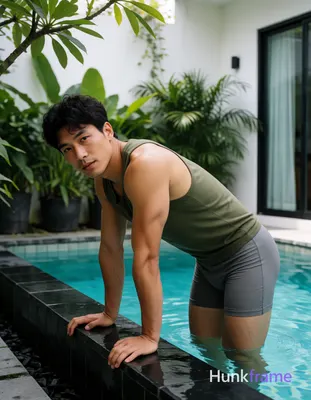 Asian man with short black hair and light-medium skin leaning forward, hands sup