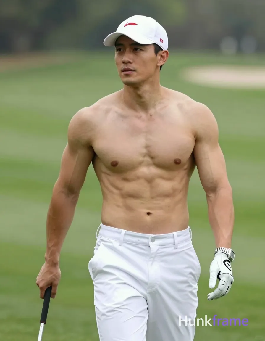 Photoreal photograph of an Asian man with defined abs and thick muscular thighs. He is shirtless, wearing white golf pants, a silver watch, and a white cap with a red logo. The man stands on a golf course, holding a golf club in his right hand and a glove in his left. Bright outdoor lighting and natural colors create a casual and relaxed mood. Background is blurred to show the typical setting of a golf course. 481:640 vertical portrait orientation, 896x1152 canvas., shot on iPhone 15 Pro main camera, authentic smartphone computational photography, natural Smart HDR and true-to-life skin texture, vertical 9:16 Xiaohongshu lifestyle feed, bright clean everyday scene, unretouched phone photo with subtle sensor grain, trendy Chinese internet 网红 aesthetic, candid influencer energy