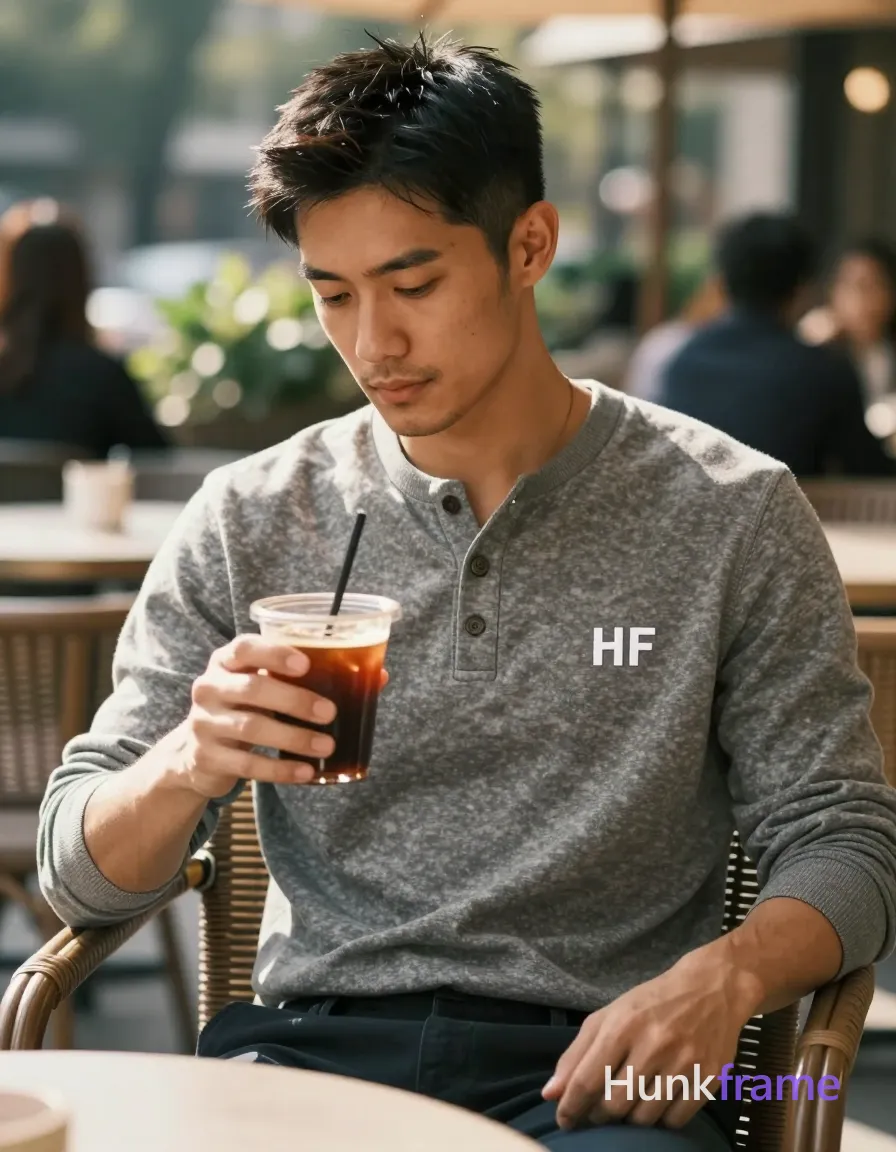 an anonymous figure man with light to medium tan skin, short textured black hair side-swept over forehead, clean-shaven jawline with faint upper lip stubble; Seated upright in wicker chair outdoors at café patio, torso angled forward holding iced coffee cup near chest level while left arm rests on lap edge; Wearing grey long-sleeve henley-style crewneck sweater with three-button placket and small embroidered white thread 'HF' logo on left chest; fully clothed adult slim build defined collarbones shoulders; Waist-up medium shot centered, shallow depth-of-field isolating subject against softly blurred greenery patrons natural sunlight warm highlights cool shadows cinematic bokeh fine-art photography premium fashion editorial aesthetic calm introspective mood; FULL GARMENT TEXT REPLACEMENT: remove every source garment word, sentence, slogan, logo, and partial brand spelling from every existing print area, then replace those source marks with only the wordmark, spelled exactly "HF"; This is replacement, Repeated "HF" marks are allowed only where the source garment already had printed text; preserve appropriate placement, typography, color, and scale; single clean uninterrupted photograph with a cohesive editorial composition and plain continuous surrounding surfaces