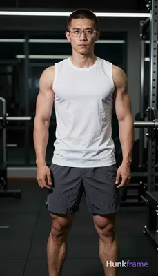 an anonymous figure man with light to medium tan skin and short dark brown buzz cut, wearing rectang