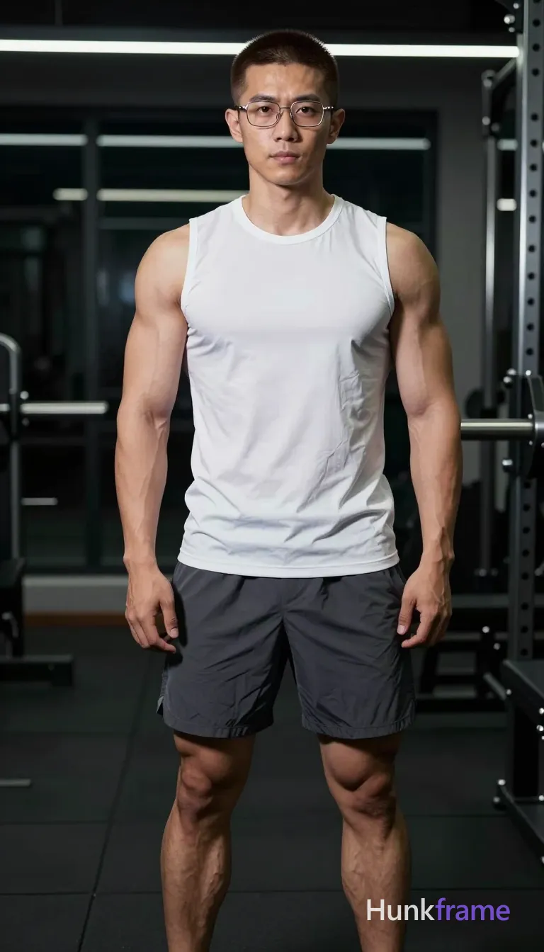 an anonymous figure man with light to medium tan skin and short dark brown buzz cut, wearing rectangular wire-frame glasses with thin metallic rims; He stands upright facing camera with slight forward lean in a white sleeveless athletic tank top and dark gray mid-thigh shorts; Broad shoulders, defined pectorals, vascular arms, thick thighs, well-defined calves are sharply focused under high-contrast studio lighting; Indoor gym setting with weight racks and glass walls showing night exterior; Cool ambient light from overhead LED strips casts dramatic shadows on his muscular physique; Slightly desaturated color grading emphasizes white and black palette; Full body centered shot in vertical portrait orientation; The adult man visibly wears rectangular wire-frame glasses with thin metallic rims and clear lenses; worn on face on his face; preserve the exact frame shape, rim style, color, material, and lens tint; single clean uninterrupted photograph with a cohesive editorial composition and plain continuous surrounding surfaces