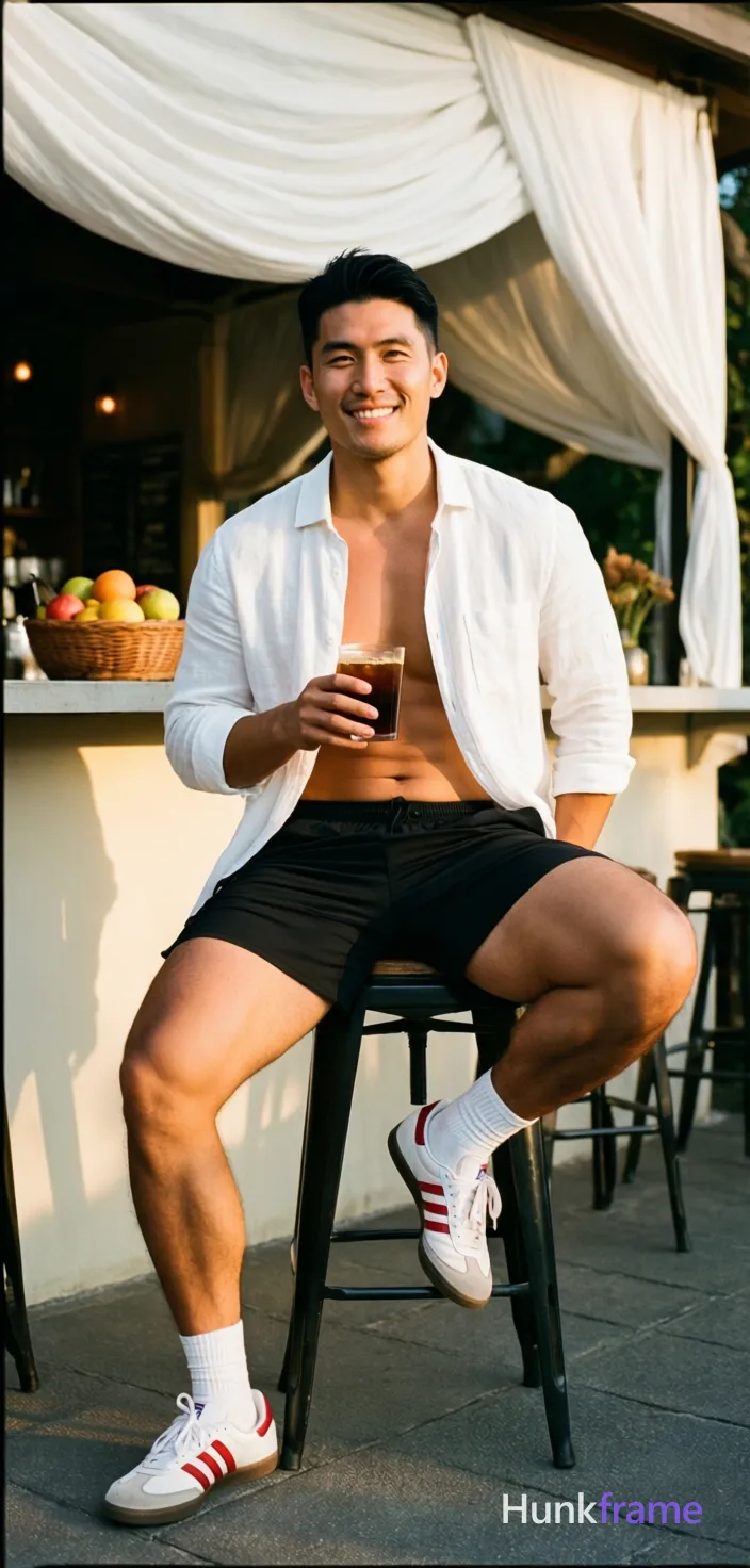Asian man with light-medium skin and black short styled hair, clean-shaven face smiling at camera. Seated on stool legs spread apart, left foot flat ground right leg bent elevated on base holding dark beverage in right hand wearing white linen button-up shirt open chest bare torso collarbone upper abdomen black athletic shorts mid-thigh thick thighs defined calves white crew socks and sneakers with red stripes. Outdoor cafe patio under white draped fabric ceiling counter behind fruit bowl warm golden hour sunlight from right casting soft shadows natural depth of field relaxed confident mood vertical portrait 13:19 aspect ratio full body shot knees up to head, a single uninterrupted photograph only, no written words or typography anywhere in frame, no captions, no app UI, no social-media post layout, no screenshot borders