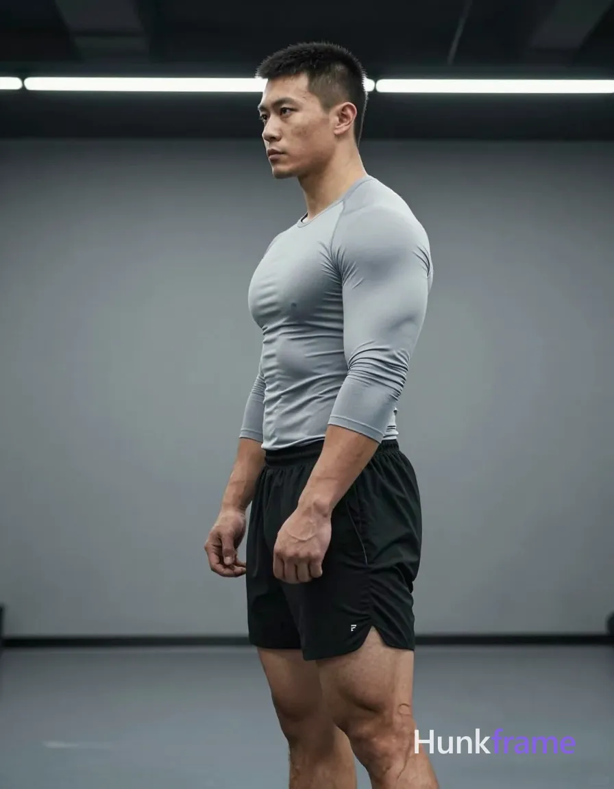 an anonymous figure man with light-medium skin and short black buzz cut featuring textured top, clean sides; Clean-shaven face with neutral gaze to the left; Standing in profile facing left, right arm bent with hand near waistband of shorts, left leg slightly forward; Wearing a light grey long-sleeve crew neck compression shirt and black athletic shorts; Broad shoulders, defined pectorals, vascular forearms, thick thighs visible from knees up; Indoor gym setting with grey walls and dark ceiling beams; Overhead fluorescent strip lights casting cool directional shadows; Vertical portrait 13:19 aspect ratio, full-body shot center-left; Muscle bear aesthetic emphasizing rugged warm confidence and meaty chest definition; single clean uninterrupted photograph with a cohesive editorial composition and plain continuous surrounding surfaces