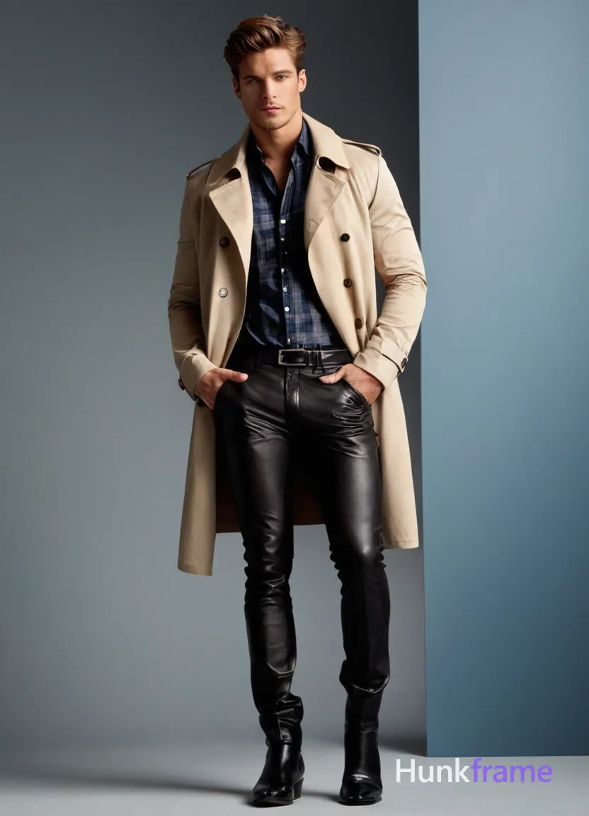 A dynamic full-body shot of a young adult male in an editorial fashion setting, capturing his masculine essence. The model wears formal leather pants and a detailed black jacket with embellishments, paired with glossy boots. He stands confidently with one arm extended, while the other hand rests near his waist. Soft window light from the side creates natural shadows that highlight muscle definition and symmetry. A sophisticated charcoal background enhances the deep contrast between light and shadow. The camera angle is slightly elevated to emphasize his elegant silhouette