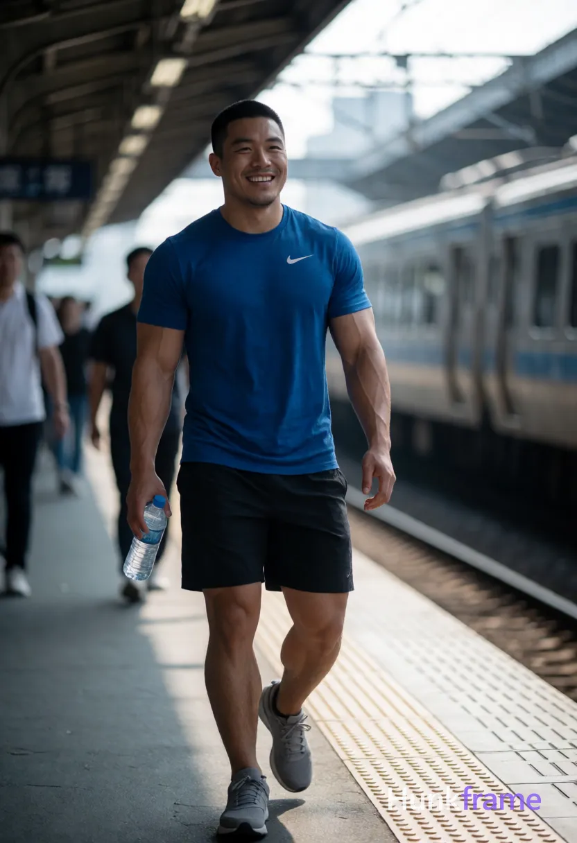 Heavily muscular adult man with substantial muscle mass, wide shoulders, thick neck, large chest and arms, powerful thighs, and dense bodybuilding proportions; Asian man with short dark buzz cut and light stubble on upper lip, smiling broadly walking forward on train platform; Wearing blue Nike t-shirt, black athletic shorts exposing thick thighs, gray sneakers holding water bottle in right hand; Highly muscular build with defined biceps and visible vascularity under soft overhead daylight filtering through station roof; Vertical portrait crop center-left foreground against blurred passengers and trains; Shallow depth of field blurring background elements; High-resolution photo natural color grading cool blue palette dramatic directional light highlighting muscle definition confident strength athletic vitality everyday urban energy; FULL TEXT REPLACEMENT: remove every original source word, sentence, slogan, logo, and partial spelling from the text-bearing area, then replace it with only the wordmark, spelled exactly "hunkframe" on the sign in the composition; This is replacement; Preserve appropriate typography and scale, logo, caption, username, hashtag, comment; single clean uninterrupted photograph with a cohesive editorial composition and plain continuous surrounding surfaces