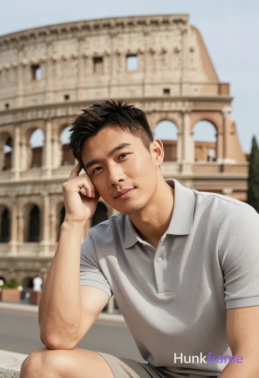 Asian man with light-medium skin and short dark hair featuring a textured top, faded sides, clean neckline; Clean-shaven face with light stubble on chin and jawline, calm composed expression with slight smile; Seated leaning left elbow on surface right hand resting against temple near ear head tilted slightly to viewer's left wearing light gray textured polo shirt fully clothed lean build occupying lower-right quadrant of frame outdoor urban plaza blurred Colosseum background clear blue sky shallow depth of field soft natural lighting warm beige stone tones premium fashion editorial aesthetic serene contemplative mood portrait composition 13:19 aspect ratio; single clean uninterrupted photograph with a cohesive editorial composition and plain continuous surrounding surfaces
