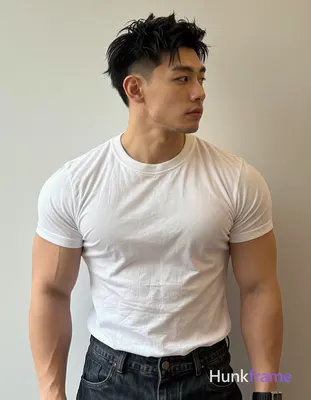 Asian man with short dark black hair featuring a textured top swept upward and f