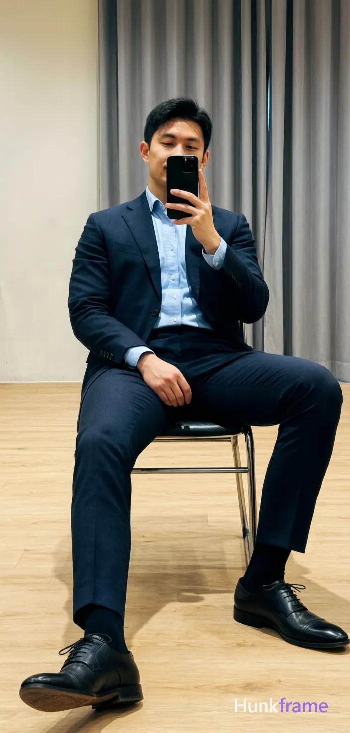 Seated on a chair with metal legs and black cushion, left leg extended forward, right knee bent and foot flat on floor. Torso upright leaning slightly back holding a black smartphone at chest level for mirror selfie capture. Wearing dark navy single-breasted suit jacket, matching trousers, light blue button-down dress shirt with visible collar and cuffs, black socks, black leather oxford shoes. Indoor room with light wood laminate flooring, plain wall, gray curtain backdrop behind subject. Soft indoor ambient lighting creates rugged warm confidence mood. Vertical phone-crop portrait orientation centered vertically horizontally head cropped out of frame full torso to feet visible clean lines minimalist composition photography., shot on iPhone 15 Pro main camera, authentic smartphone computational photography, natural Smart HDR, vertical 9:16 Xiaohongshu lifestyle post, bright clean gym or cafe scene, wardrobe matching reference outfit, confident everyday blogger pose, phone photo with natural grain, phone held naturally in one hand for selfie, phone visible in frame, a single uninterrupted photograph only, no written words or typography anywhere in frame, no captions, no app UI, no social-media post layout, no screenshot borders