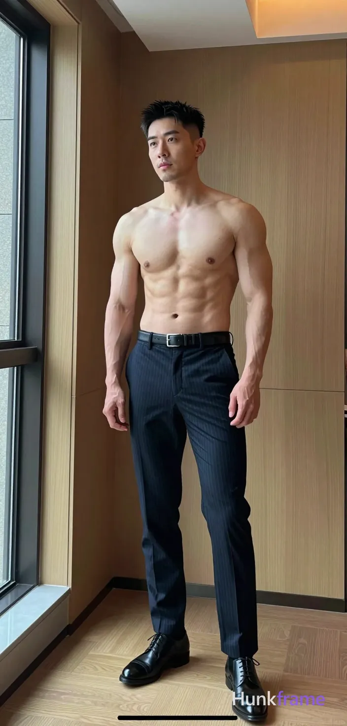 Asian man standing casually in modern interior room with wood-paneled walls and large window on left side showing daylight, shirtless bare chest with defined pectorals and sculpted lats. Dark navy pinstripe dress pants with belt loops and black leather belt, black oxford shoes worn without socks. Torso relaxed right hand resting near hip high fade straight texture hair visible sideburns clean-shaven chin light stubble upper lip neutral focused gaze forward over shoulder soft directional light from left window creating subtle shadows across back ambient overhead fill illumination trendy lifestyle mood full-body shot center-right occupying majority of frame vertical portrait orientation 13:19 aspect ratio candid iPhone rear-camera snapshot energy real scene, a single uninterrupted photograph only, no written words or typography anywhere in frame, no captions, no app UI, no social-media post layout, no screenshot borders