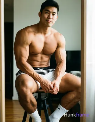 A handsome young Asian man seated on a stool in front of a mirror, shirtless wit