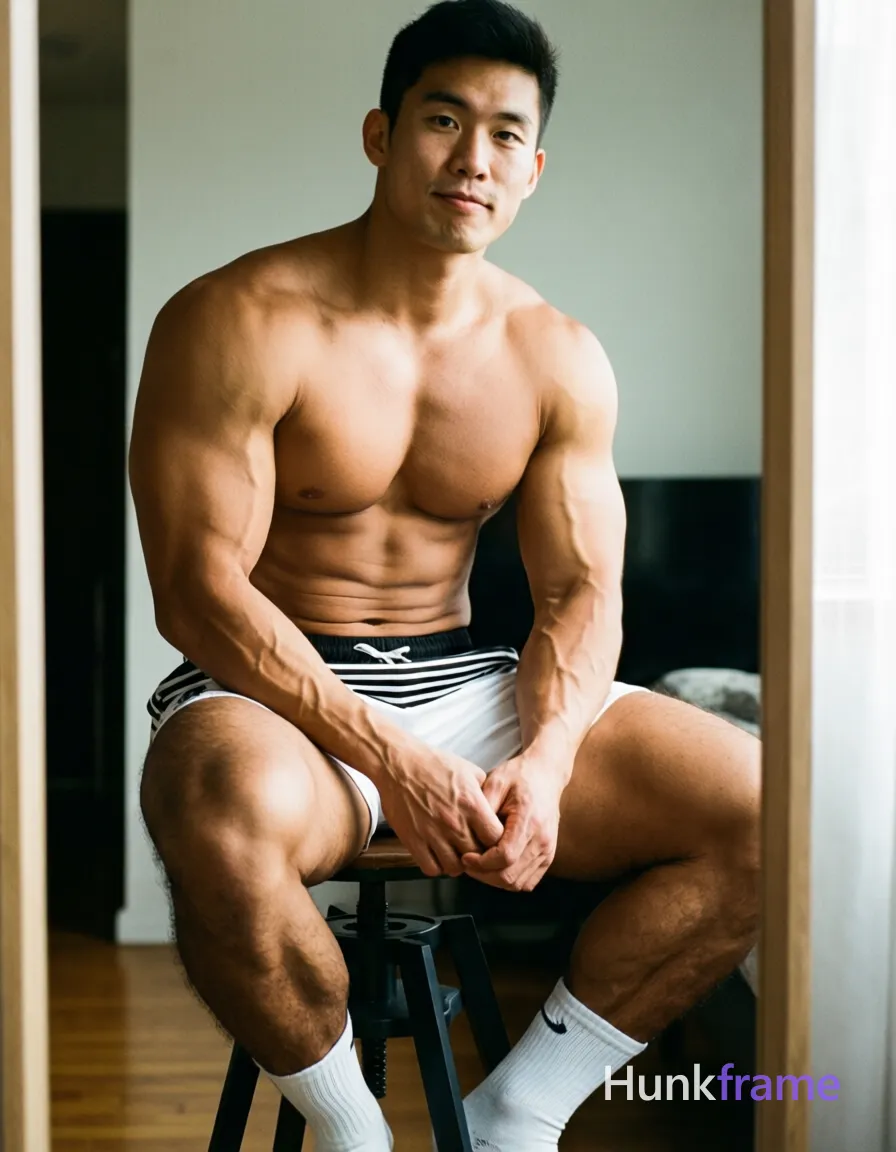 A handsome young Asian man seated on a stool in front of a mirror, shirtless with white socks and shorts featuring black stripes at the top. The subject has defined abs, thick muscular thighs, and vascular arms, showcasing an athletic soccer-player build. Soft indoor lighting highlights his upper body against a neutral background that includes part of a wooden floor and room interior. The composition is a torso-only crop with tack-sharp focus on the muscular physique, capturing a casual and relaxed mood
