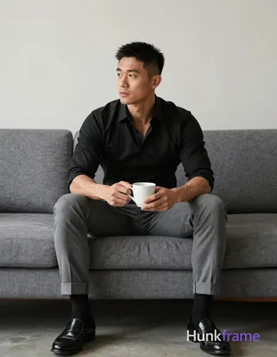 Asian man with medium-dark skin and short black fade hair sits left-center on a 