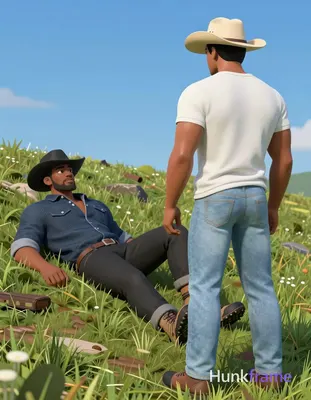 Polished 2.5D anime rendering of two adult men on a grassy hillside under clear 