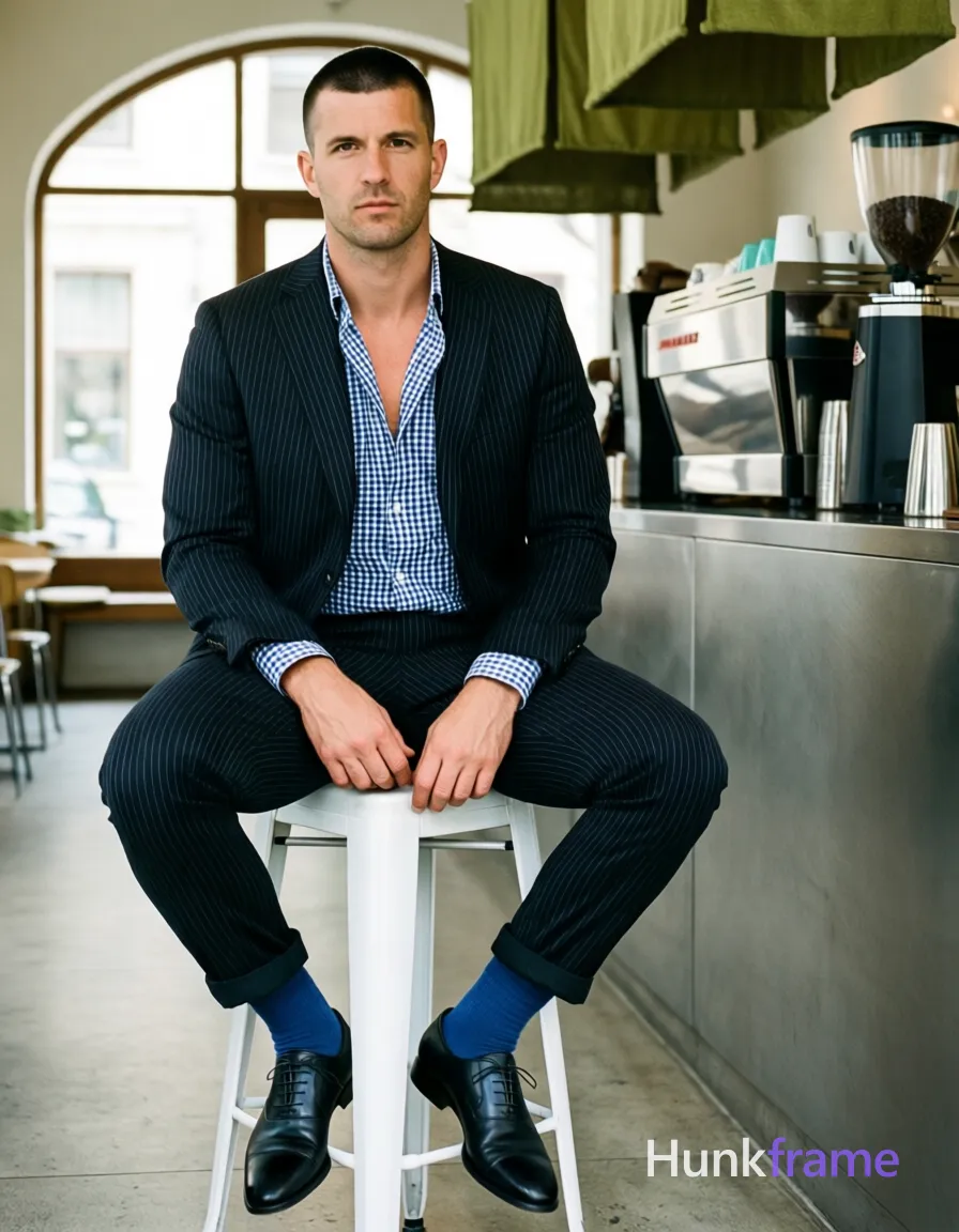 an anonymous figure adult man with short black buzz cut and clean-shaven face, neutral serious expression seated upright on white stool in a tasteful suggestive pose; He wears a dark pinstripe single-breasted suit jacket unbuttoned to reveal the upper chest collarbone area of an open blue-and-white gingham button-down shirt; Matching dark pinstripe trousers with cuffed hems emphasize slim build legs and solid blue crew-neck socks peeking above black leather cap-toe dress shoes; Hands rest on thighs, hands and forearms exposed alongside feet and ankles in a full-body shot from head to toe; The setting is a modern coffee shop interior featuring stainless steel counters, hanging olive-green fabric shades, and soft natural daylight streaming through an arched doorway; single clean uninterrupted photograph with a cohesive editorial composition and plain continuous surrounding surfaces