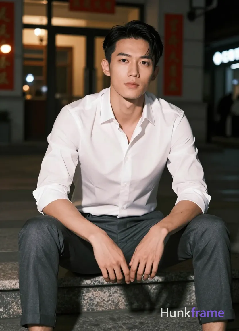 Asian man with short black straight side-parted hair and clean-shaven neck, neutral expression gazing directly at camera; Seated on stone steps in an urban night scene before a warmly lit building with red banners, legs slightly apart, hands resting between thighs with fingers loosely interlaced; Wearing white long-sleeve button-up shirt sleeves rolled to mid-forearm and dark grey slim-fit trousers cuffed at ankles; Broad shoulders, defined pectorals, toned abdomen visible under the fabric; Fully clothed adult male in high-contrast night photography style; Sharply focused subject against softly blurred background with artificial ambient street lighting and warm storefront glow; Polished evening elegance mood, fine-art fashion editorial composition; single clean uninterrupted photograph with a cohesive editorial composition and plain continuous surrounding surfaces
