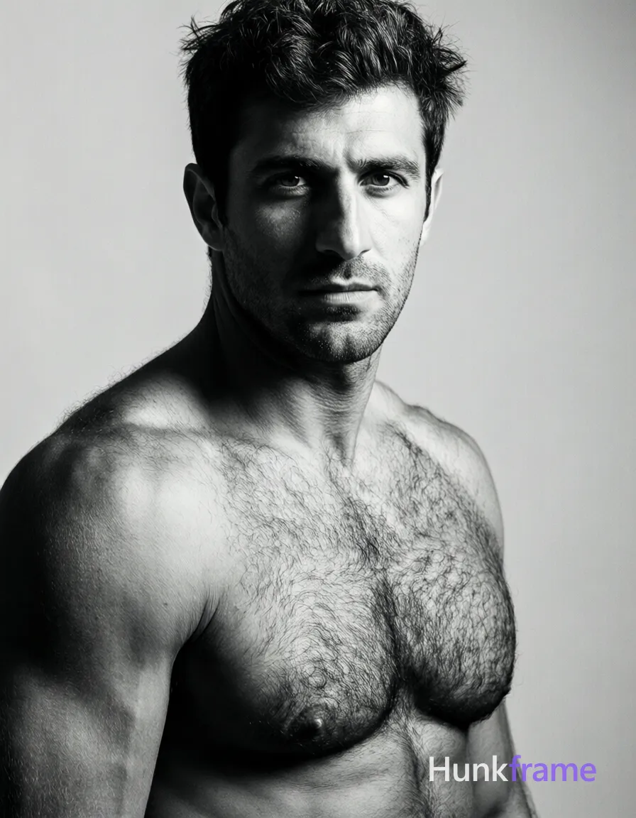 Caucasian man with short dark tousled hair, clean-shaven face, direct gaze and neutral mouth. Shirtless upper torso close-up portrait; slight body turn to viewer's left with right shoulder forward. Broad shoulders and defined pectorals fill the lower frame against a plain studio background. High-contrast fine-art photography with dramatic directional lighting from the right casting strong shadows on the left side of face and chest. Monochrome black-and-white palette, sculpted skin texture, intense masculine muscle-bear mood., same aesthetic theme and photo feel as the reference but a different man in a different pose with distinct body proportions, Turkish man, olive skin, aquiline nose, lean hairy chest editorial look, a single uninterrupted photograph only, no written words or typography anywhere in frame, no captions, no app UI, no social-media post layout, no screenshot borders