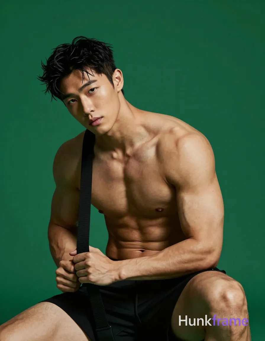 A striking full-bleed vertical phone wallpaper of a muscular adult man with dark short slightly wavy hair and clean-shaven face. He is seated or crouched leaning forward, shirtless to show defined pectorals, deltoids, and abdominal definition on light to medium skin wearing black athletic shorts. His right thigh extends prominently into the bottom-right corner while holding a black strap draped over his shoulder with both hands near waist level. The composition occupies the right two-thirds of frame against a saturated green background. High-contrast dramatic directional lighting sculpts the physique in clean negative space style, creating an intense focused mood. Include exactly one visible wordmark, spelled exactly "HUNKFRAME", in the same compositional text position; preserve its appropriate typography and scale. No other visible text, logo, caption, username, hashtag, comment, watermark, or UI chrome., same aesthetic theme and photo feel as the reference but a different man in a different pose with distinct body proportions, lean Korean man, sharp jaw, monolid eyes, slim swimmer build, natural black hair, a single uninterrupted photograph only, no written words or typography anywhere in frame, no captions, no app UI, no social-media post layout, no screenshot borders