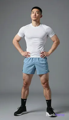 Asian man with a short black buzz cut and light jawline stubble stands upright in an indoor gym sett