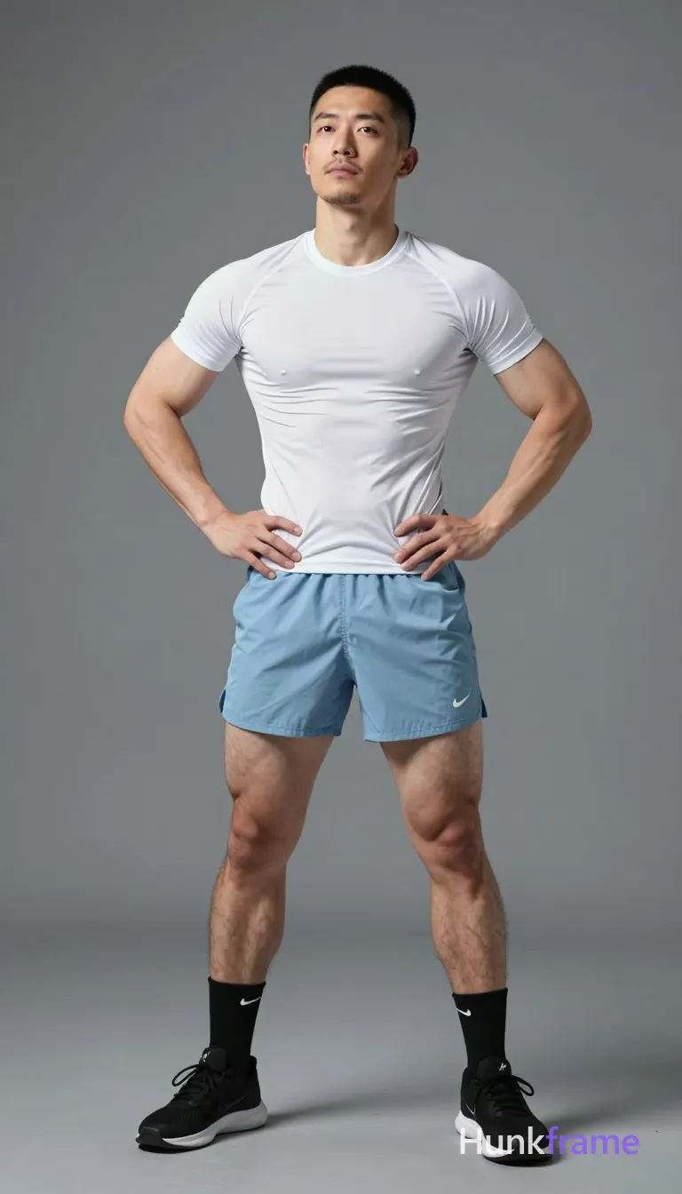 Asian man with a short black buzz cut and light jawline stubble stands upright in an indoor gym setting; He wears a white compression shirt exposing defined pectorals, light blue shorts ending mid-thigh that highlight thick thighs, black ankle socks with one white Nike swoosh logo on the left sock only, and black athletic sneakers; Hands placed on hips at waist level while he looks upward slightly left of camera under ambient illumination, same aesthetic theme and photo feel as the reference but a different man in a different pose with distinct body proportions, Japanese man, soft masculine features, straight black hair, slim dancer build; single clean uninterrupted photograph with a cohesive editorial composition and plain continuous surrounding surfaces