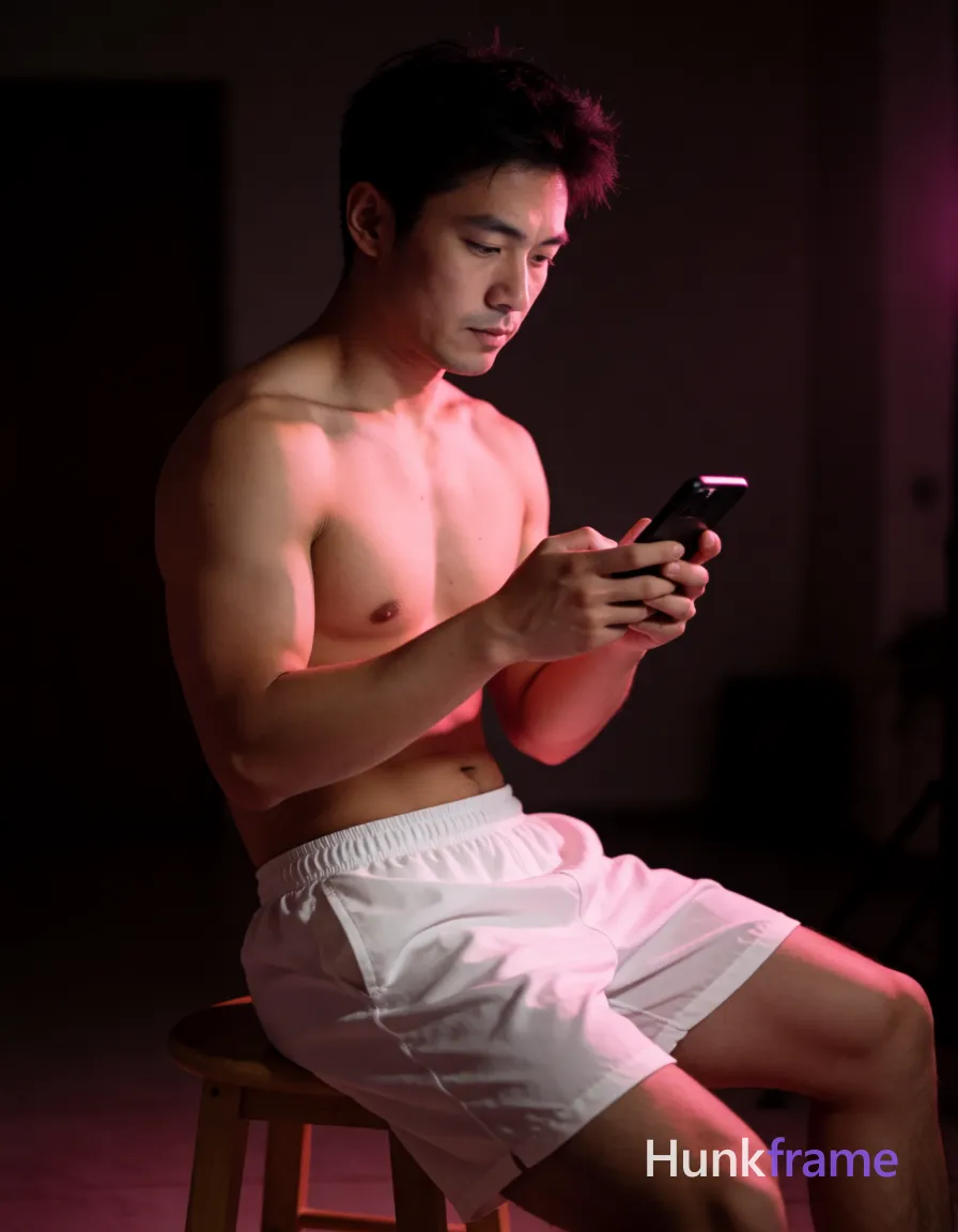 Asian man with tanned skin and short dark hair slightly tousled on top seated sideways on a wooden stool, shirtless showing broad shoulders, defined pectorals, visible abdominal musculature, and thick thighs; He holds a black smartphone in both hands at chest level near his lap, thumbs scrolling over the screen while gazing downward-right with a focused contemplative expression; Wearing white loose-fitting athletic shorts reaching mid-thigh, right leg extended forward, left leg obscured beneath body; Indoor dimly lit room with dark background illuminated by pinkish-red ambient glow from phone casting rim light on hairline and shoulder; High contrast shallow depth of field fine-art editorial aesthetic portrait composition centered horizontally occupying majority frame height; single clean uninterrupted photograph with a cohesive editorial composition and plain continuous surrounding surfaces