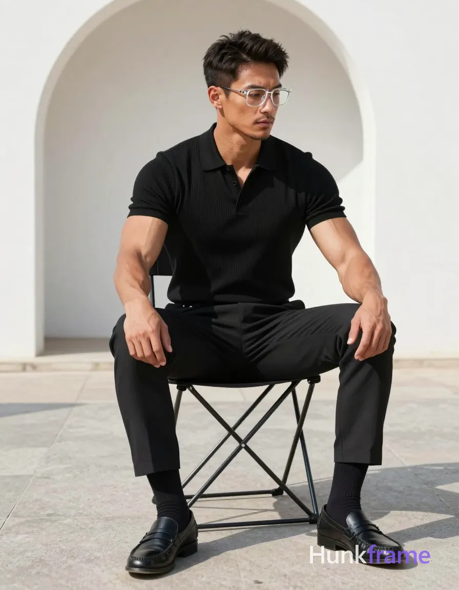 A handsome medium-dark skinned man with short textured dark hair and visible sideburns sits on a folding chair outdoors; He wears clear-framed rectangular glasses, a black ribbed polo shirt, slim-fit trousers, mid-calf crew socks, and low-heel leather loafers; His broad shoulders and defined pectorals are sculpted by bright natural sunlight casting sharp shadows on the gray pavement beside an arched white building; Hands rest calmly on thighs; gaze is neutral and contemplative looking downward in a full-body vertical portrait; The adult man visibly wears clear-framed glasses with thin metal rims, rectangular shape; preserve the exact frame shape, rim style, color, material, and lens tint, same aesthetic theme and photo feel as the reference but a different man in a different pose with distinct body proportions, Chinese man, light tan skin, high cheekbones, lean wiry martial-arts physique; single clean uninterrupted photograph with a cohesive editorial composition and plain continuous surrounding surfaces