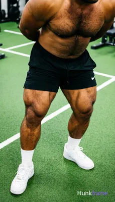 High-angle muscle bear close-up on lower body of shirtless man with thick thighs and defined quadric