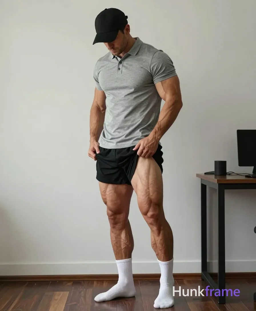 A rugged adult man with light to medium tan skin stands sideways in a minimalist room, head bowed under a black baseball cap; He wears a heather grey short-sleeve polo shirt buttoned at the second collar and pulls up his black athletic shorts with both hands, revealing thick thighs and defined calves as weight shifts onto the right leg; White crew socks rest on dark wood flooring near a desk setup to the right; Soft directional natural light from the side highlights broad shoulders and meaty chest in this fine-art photography shot focusing on sculpted physique; single clean uninterrupted photograph with a cohesive editorial composition and plain continuous surrounding surfaces
