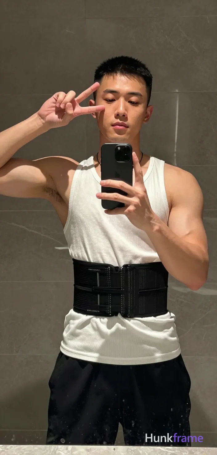 Asian man with short black buzz cut and clean-shaven face, light-medium skin tone posing sensually in a vertical mirror selfie; He stands facing the glass holding a black smartphone at chest level with left hand while making a peace sign near his head with right fingers; Wearing a white ribbed tank top fully covering torso and a black waist trainer compression belt around midsection showing 'PRO COMBAT' text at bottom edge; Broad shoulders, defined pectorals, large biceps, visible abdominal definition highlighted by warm directional lighting creating soft shadows on skin in dimly lit bathroom setting with gray marble floor tiles; Centered full upper-body shot from thighs up reflecting confident allure; single clean uninterrupted photograph with a cohesive editorial composition and plain continuous surrounding surfaces