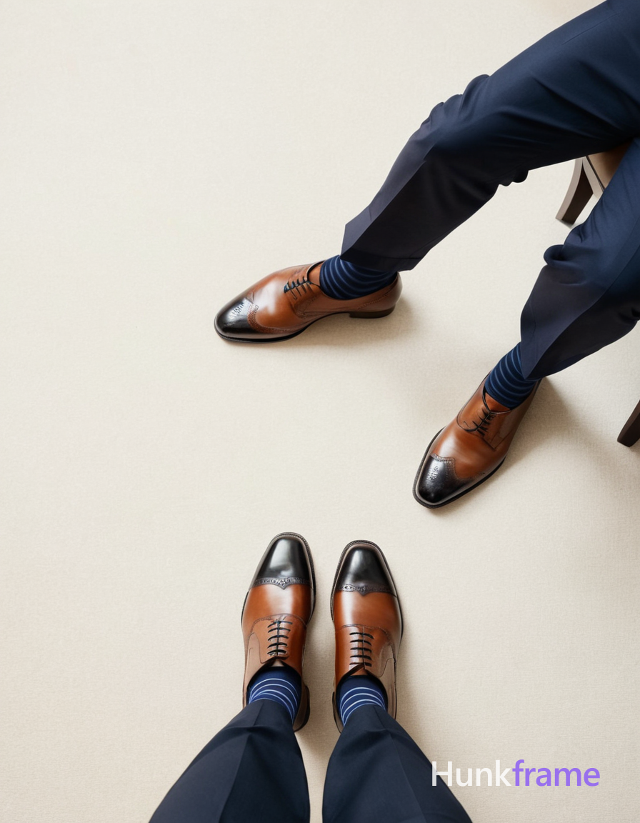 High-angle anime style close-up of a polished adult man's lower legs and feet standing on textured b