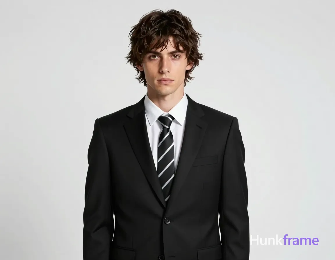 an anonymous figure man with fair light tan skin, dark brown medium-length tousled hair with side-swept bangs and textured layers around ears, clean-shaven chin and jawline; Standing upright facing camera directly with shoulders relaxed and head centered in frame wearing black tailored suit jacket with notched lapels over white collared dress shirt and black necktie with diagonal white stripes neatly knotted at collar; Fully clothed adult slim build high-key studio portrait against plain white background softbox-style frontal lighting creating minimal shadows on face and clothing defined anatomy confident strength dramatic directional light professional composition typical of athletic or fine-art photography; single clean uninterrupted photograph with a cohesive editorial composition and plain continuous surrounding surfaces