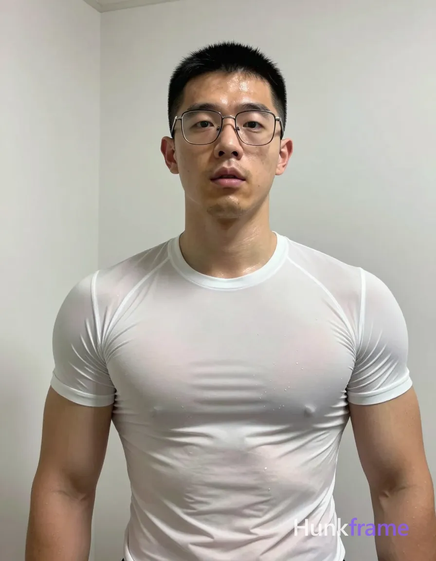 an anonymous figure man with short black buzz cut and metal-framed rectangular glasses, clean-shaven chin with light upper lip stubble; Standing upright facing camera with slight head tilt, mouth slightly parted in neutral surprise; Wearing white sheer an anonymous figure compression shirt revealing broad shoulders, defined pectorals, and abdominal definition through the fabric; Indoor room corner setting with white walls; Low-angle selfie perspective, high-contrast flash photography creating harsh highlights on sweaty skin texture; Vertical portrait crop at waist level; The adult man visibly wears metal-framed rectangular glasses with thin rims, clear lenses; preserve the exact frame shape, rim style, color, material, and lens tint; single clean uninterrupted photograph with a cohesive editorial composition and plain continuous surrounding surfaces