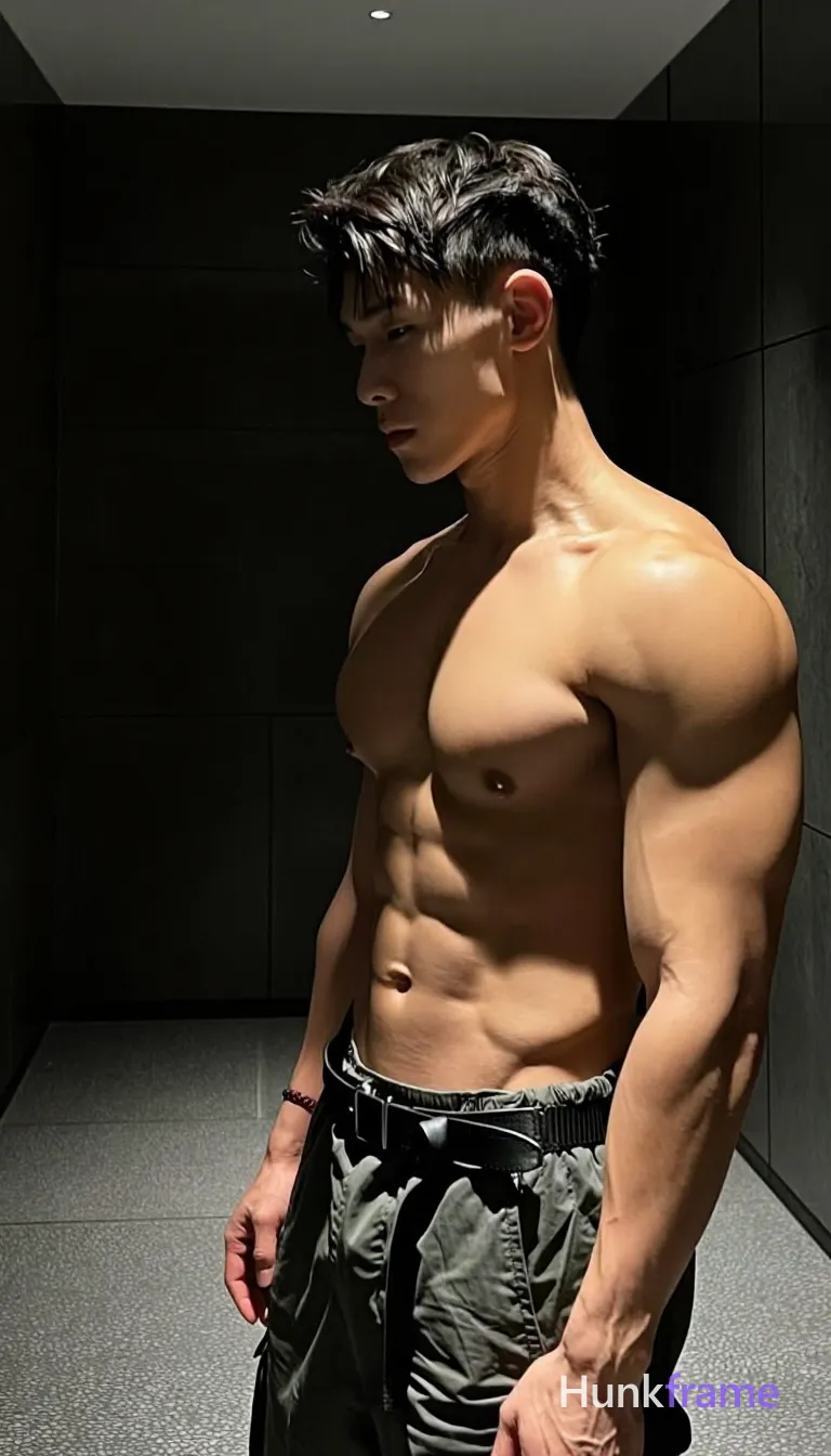 Photograph of exactly 1 adult man. Man 1: East Asian, light tan with sheen from lighting, oval, short, textured crop cut, sides tapered, top slightly longer and styled back, color is dark brown to black with subtle gray/silver highlights at the temples, te, clean-shaven. Man 1 has fully exposed eyes, eyebrows, temples and nose bridge. Broad shoulders, defined clavicles with visible rib cage. Standing in 3/4 profile facing left holding phone on tripod mount. Shirtless bare chest abdomen exposed loose-fitting olive-green cargo pants black leather belt threaded through loops. Vertical portrait framing upper chest to mid-thighs head near top edge center-right occupying majority frame. Indoor studio space with speckled gray floor dark background wall tripod stand leg visible behind shoulder. Strong directional key light from front-right creating highlights on chest shoulders and arms soft fill preserving muscle definition. Fine-art photography dramatic lighting emphasizing sculpted torso premium fashion-editorial aesthetic handsome masculine subject